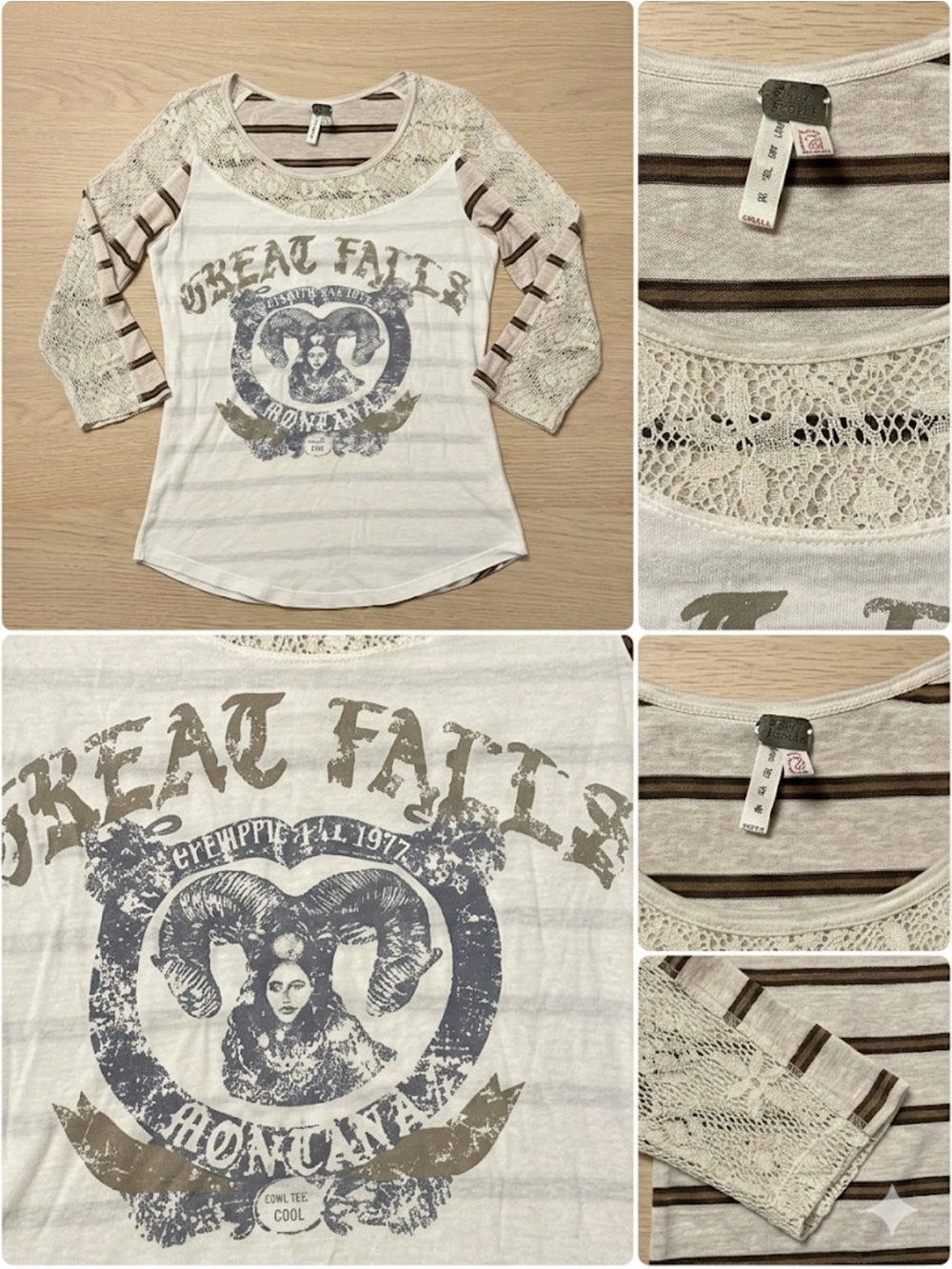 ⚡️ FREE PEOPLE Great Falls Montana Lace + Rebel Stripes Tee Small Petite⚡️⚡️